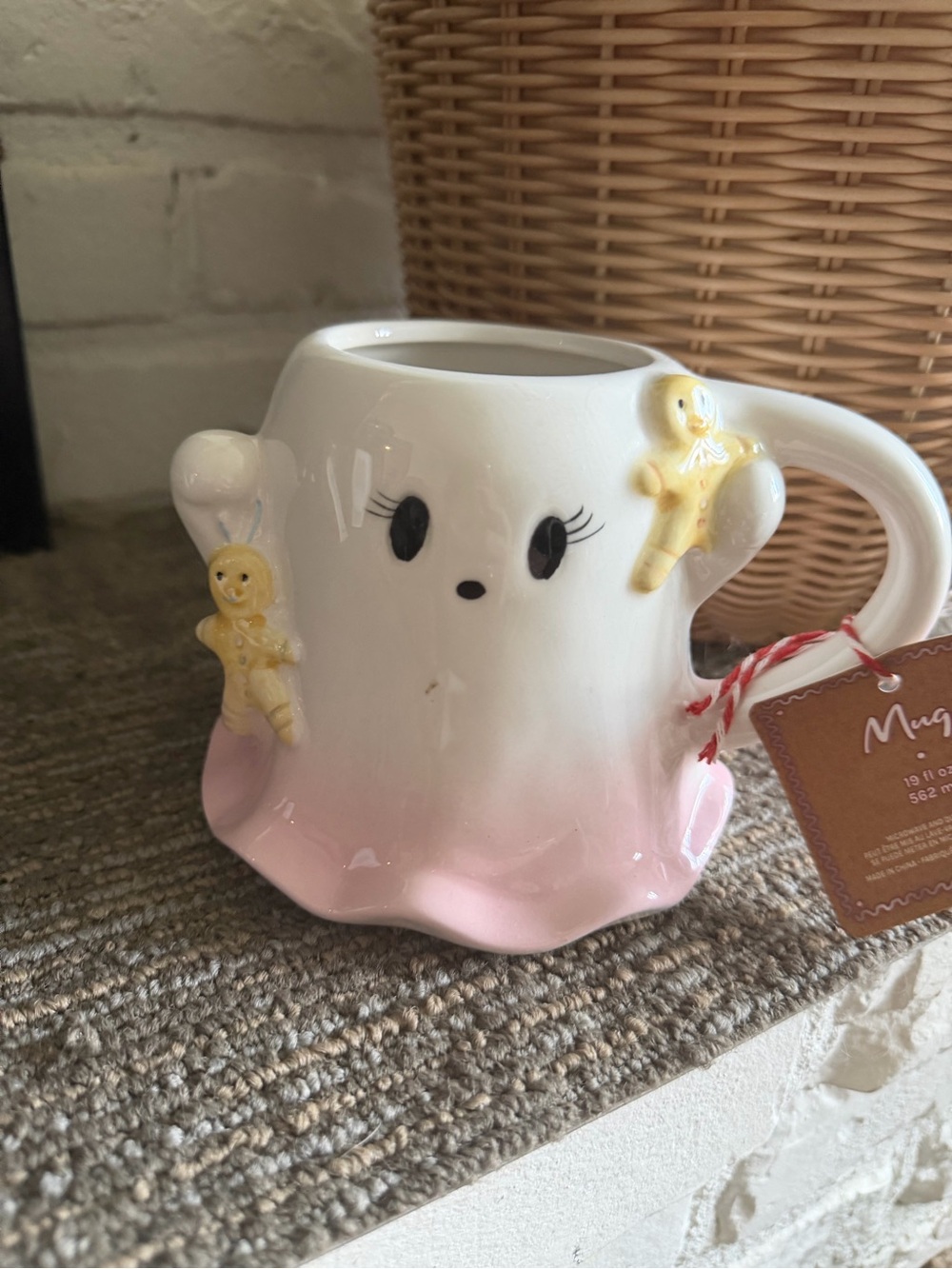 Cute Pink Ghost Ceramic Mug with Gingerbread Accents